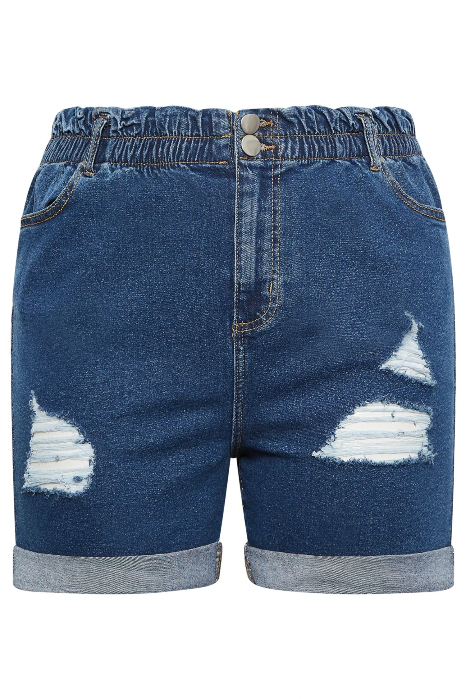 YOURS Curve Light Dark Blue Ripped Elasticated Waist Denim Shorts 4 YOURS Curve Light Dark Blue Ripped Elasticated Waist Denim Shorts - Image 4
