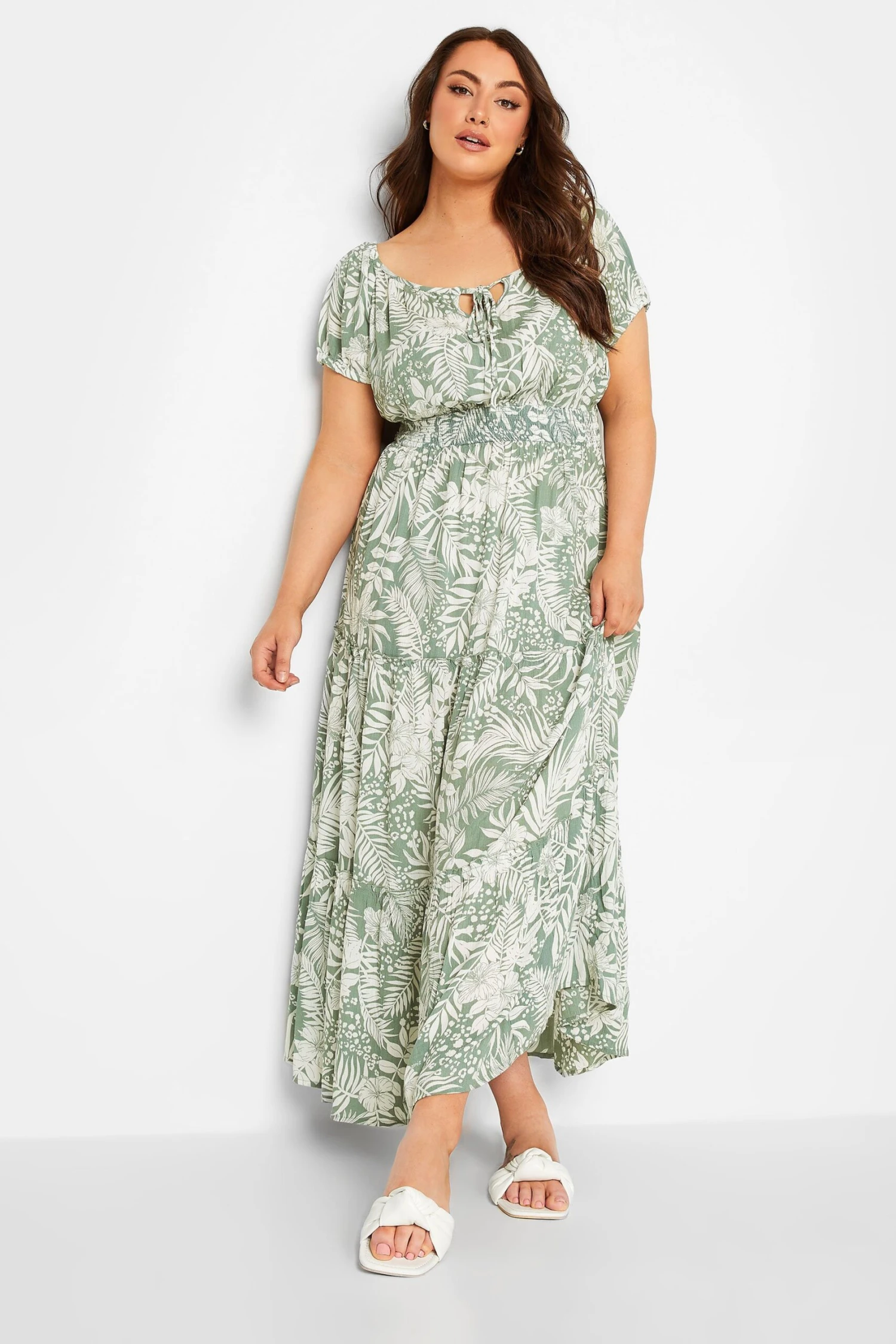 YOURS Curve Green Floral Print Bardot Maxi Dress 1 YOURS Curve Green Floral Print Bardot Maxi Dress