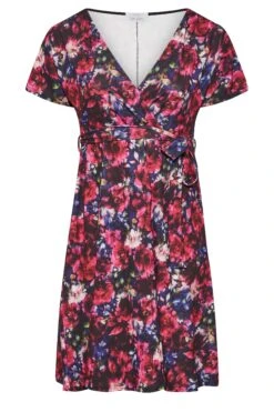 YOURS LONDON Curve Pink & Blue Floral Wrap Skater Dress -Luna Looks Zone 85b103b9 1e59 4f 161791 X