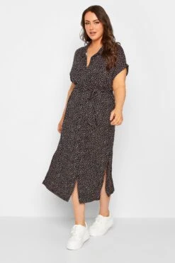 YOURS Curve Black Leaf Print Spilt Hem Midaxi Shirt Dress