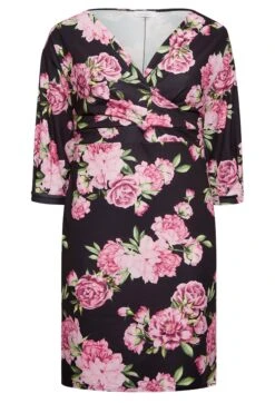 YOURS LONDON Curve Black Floral Drop Shoulder Wrap Dress -Luna Looks Zone 87fc8688 0006 4c 162044 X