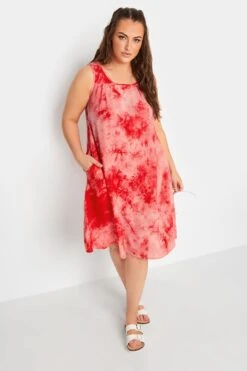 YOURS Curve Coral Orange Tie Dye Print Swing Dress