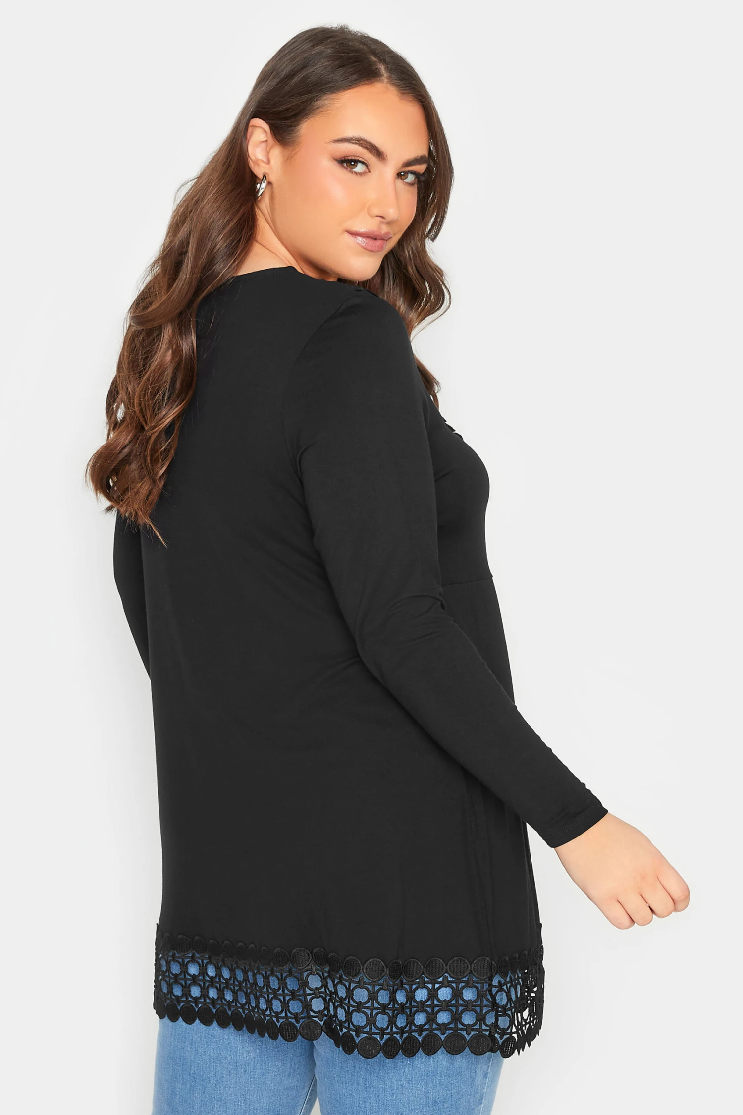 YOURS Curve Black Crochet Trim Long Sleeve Tunic Top 2 YOURS Curve Black Crochet Trim Long Sleeve Tunic Top - Image 2