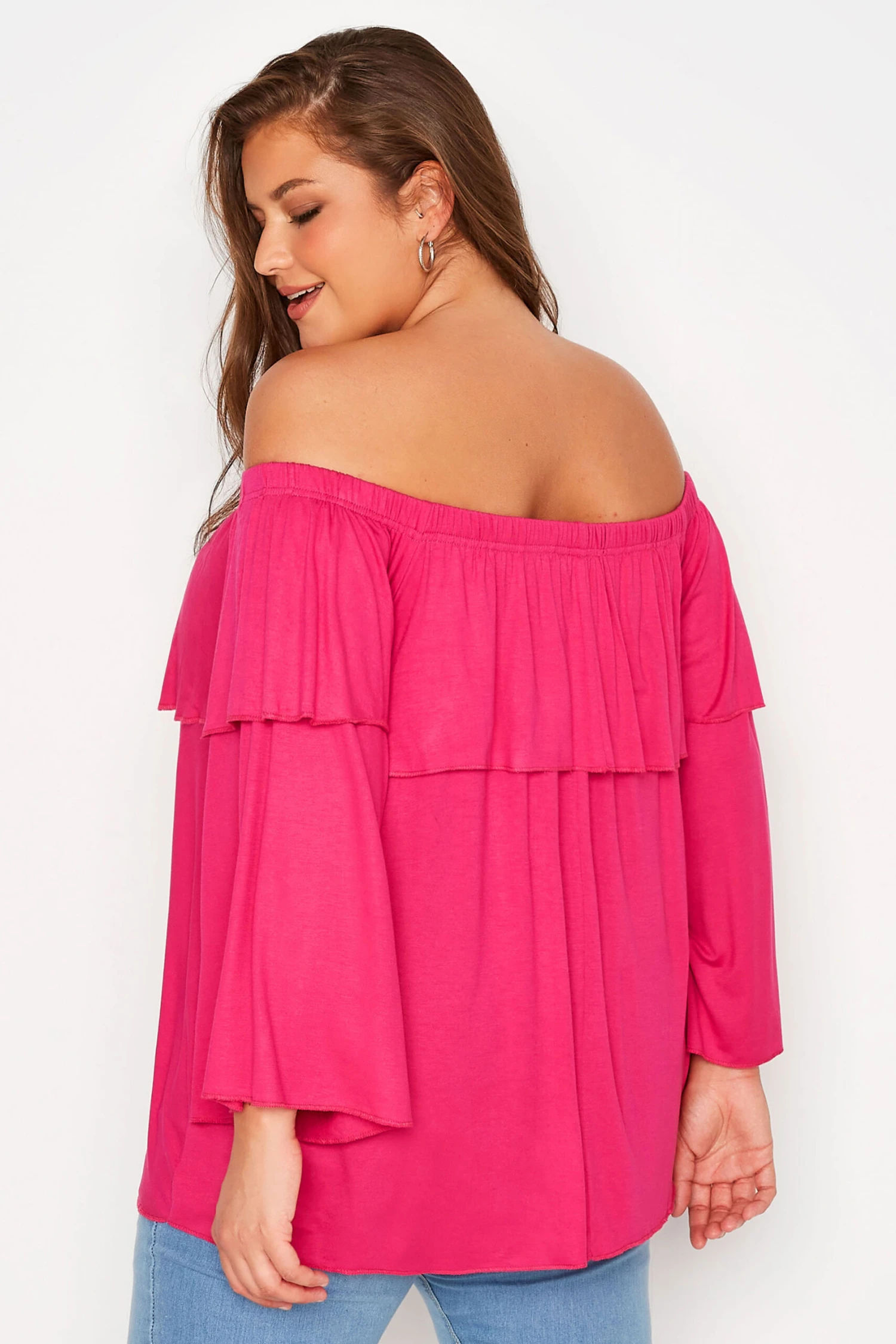 LIMITED COLLECTION Curve Hot Pink Frill Bardot Top 2 LIMITED COLLECTION Curve Hot Pink Frill Bardot Top - Image 2