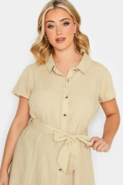 YOURS PETITE Curve Stone Brown Linen Blend Button Through Dress -Luna Looks Zone 897651bf cb3b 4a 174453 D