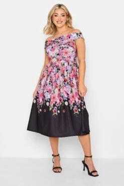 YOURS PETITE Curve Black Floral Border Bardot Dress
