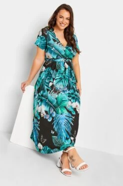 YOURS Curve Black & Blue Leaf Print Wrap Neck Dress
