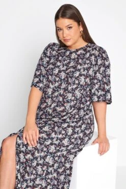 YOURS Curve Black Ditsy Print Side Split Midi Dress -Luna Looks Zone 8aba3686 ed34 45 173812 D