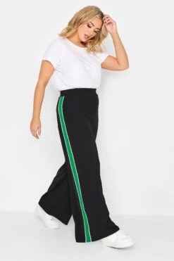 YOURS PETITE Curve Black & Green Side Stripe Wide Leg Trousers