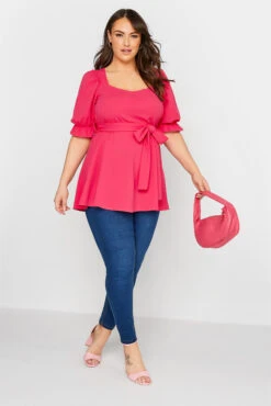 YOURS LONDON Curve Hot Pink Sweetheart Peplum Top