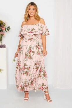 YOURS LONDON Curve Light Pink Floral Bardot Ruffle Maxi Dress