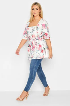 YOURS LONDON Curve White & Pink Floral Print Peplum Top