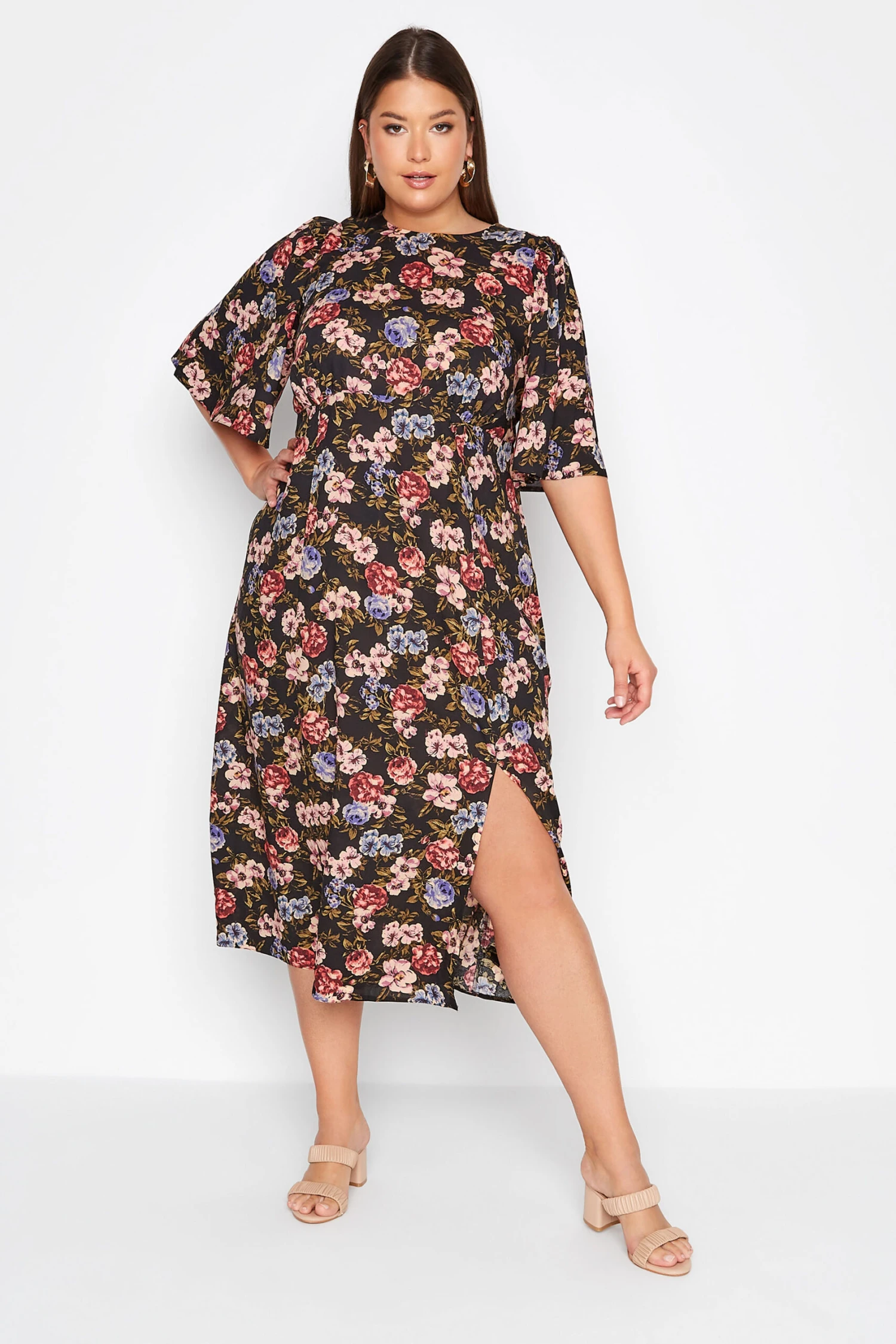 YOURS Curve Black Floral Print Side Split Midi Dress 1 YOURS Curve Black Floral Print Side Split Midi Dress
