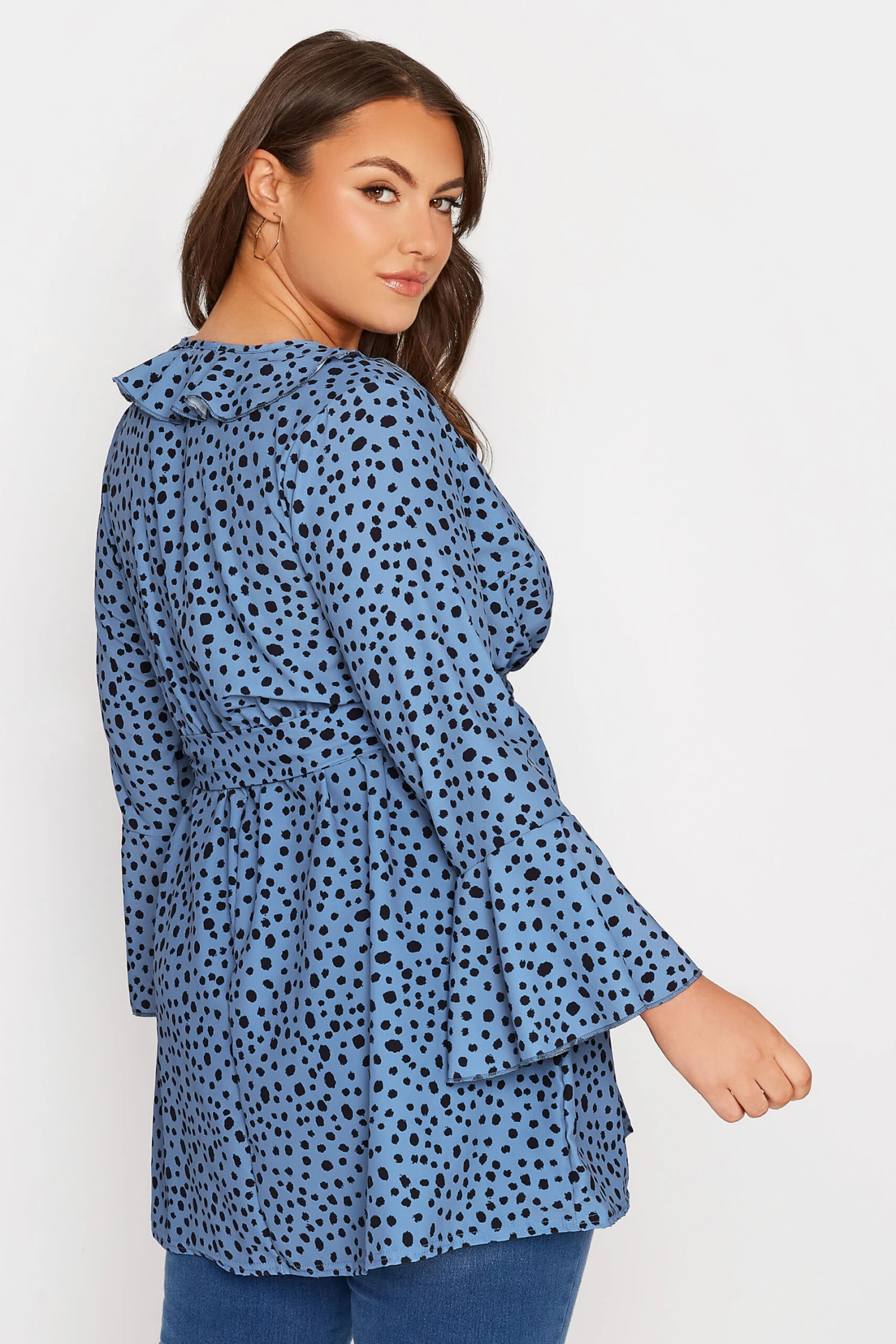 YOURS LONDON Curve Blue Dalmatian Ruffle Wrap Top 2 YOURS LONDON Curve Blue Dalmatian Ruffle Wrap Top - Image 2