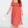 YOURS Curve Red Daisy Print Shirred Midi Dress