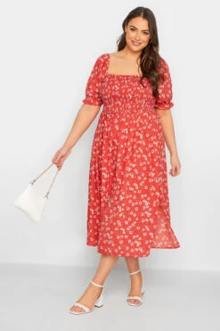 YOURS Curve Red Daisy Print Shirred Midi Dress
