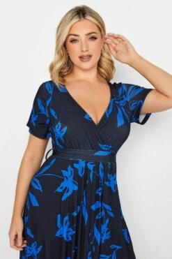 YOURS Curve Cobalt Blue Leaf Print Maxi Wrap Dress -Luna Looks Zone 947f283c d8a8 45 302159 D
