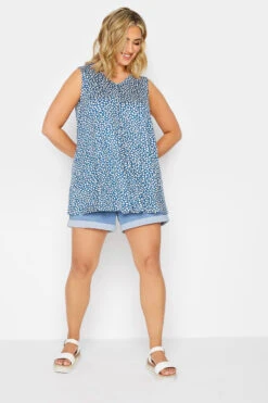 YOURS Curve Navy Blue Floral Print Pleat Front Vest Top