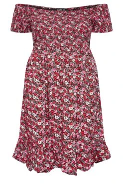 YOURS Curve Pink Floral Shirred Bardot Mini Dress -Luna Looks Zone 967efccc 10d9 47 137465 X
