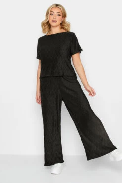 PixieGirl YOURS PETITE Curve Black Zig Zag Plisse Wide Leg Trousers