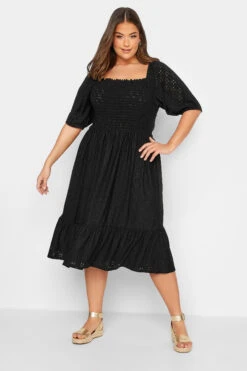 YOURS Curve Black Shirred Broderie Anglaise Midaxi Dress