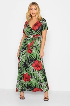 YOURS Curve Green & Red Floral Front Tie Maxi Dress