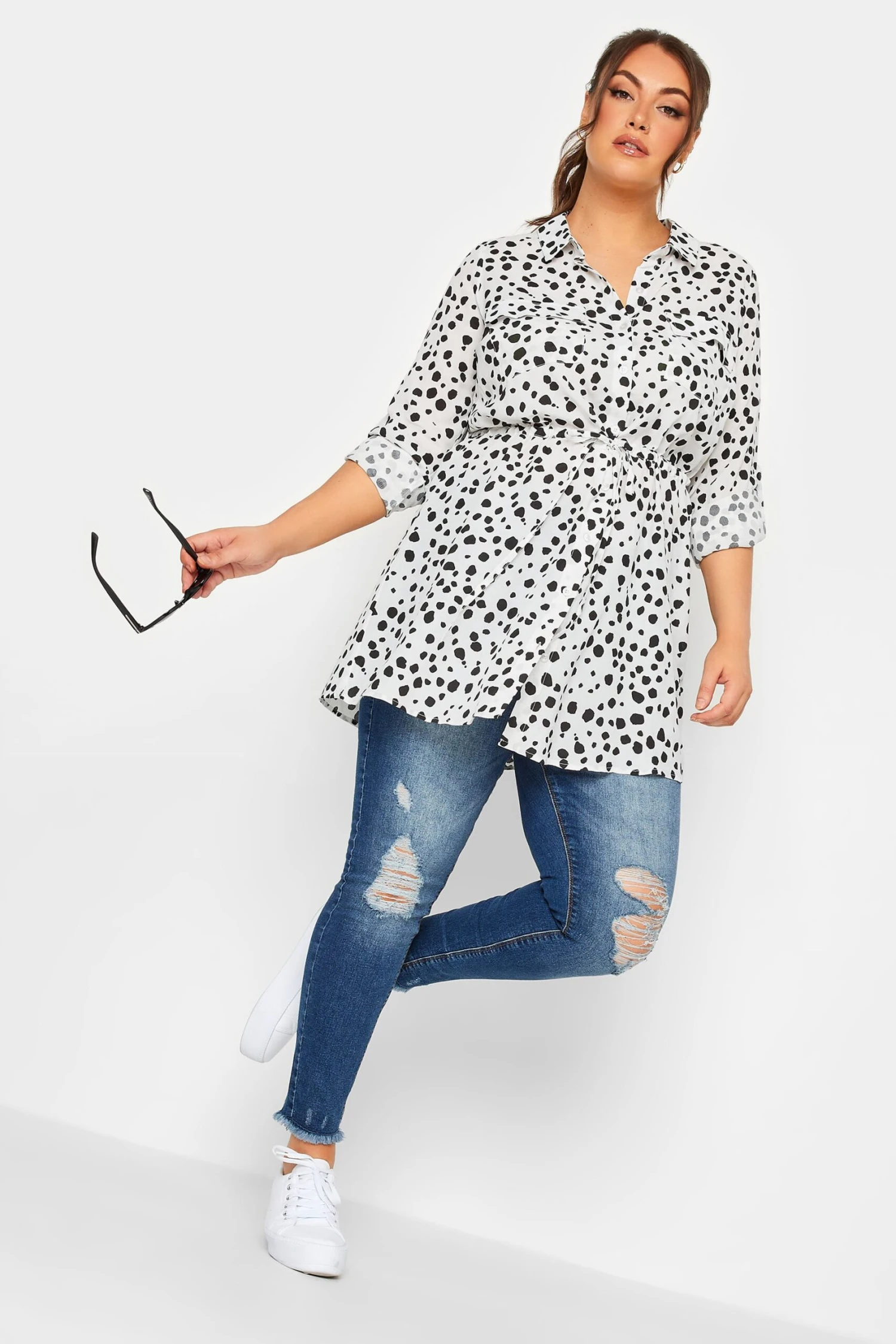 YOURS Curve White Dalmatian Print Utility Tunic Shirt 2 YOURS Curve White Dalmatian Print Utility Tunic Shirt - Image 2