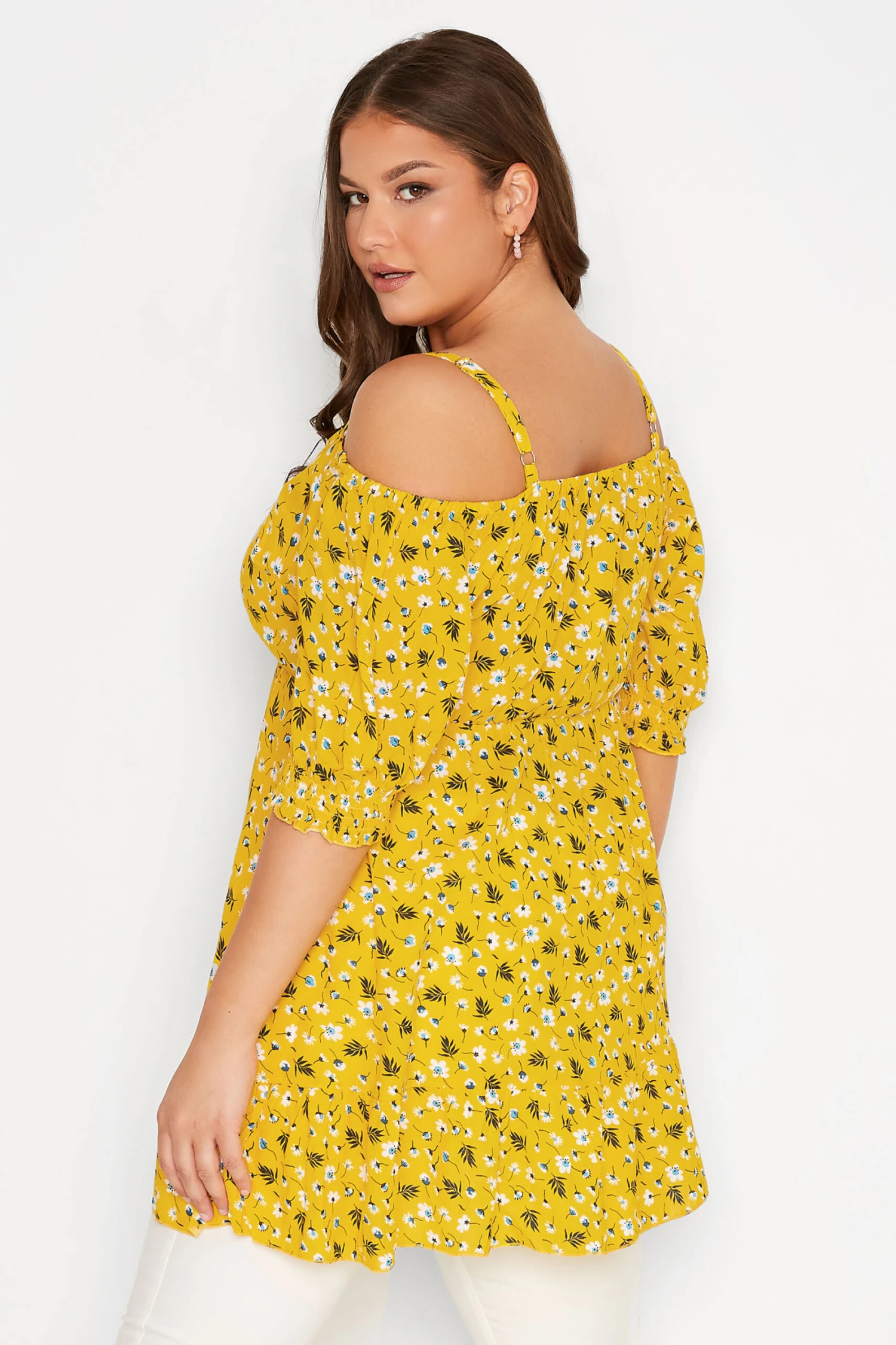 YOURS Curve Yellow Floral Cold Shoulder Top 2 YOURS Curve Yellow Floral Cold Shoulder Top - Image 2