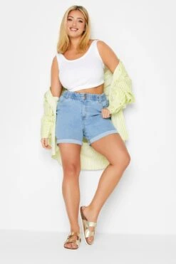 YOURS Curve Light Blue Elasticated Waist Denim Shorts