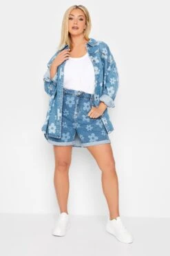 YOURS Curve Blue Floral Print Stretch Denim Shorts