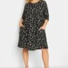 YOURS Curve Black Daisy Print Drape Pocket Mini Dress