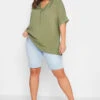 YOURS Curve Khaki Green Marl V-Neck Top