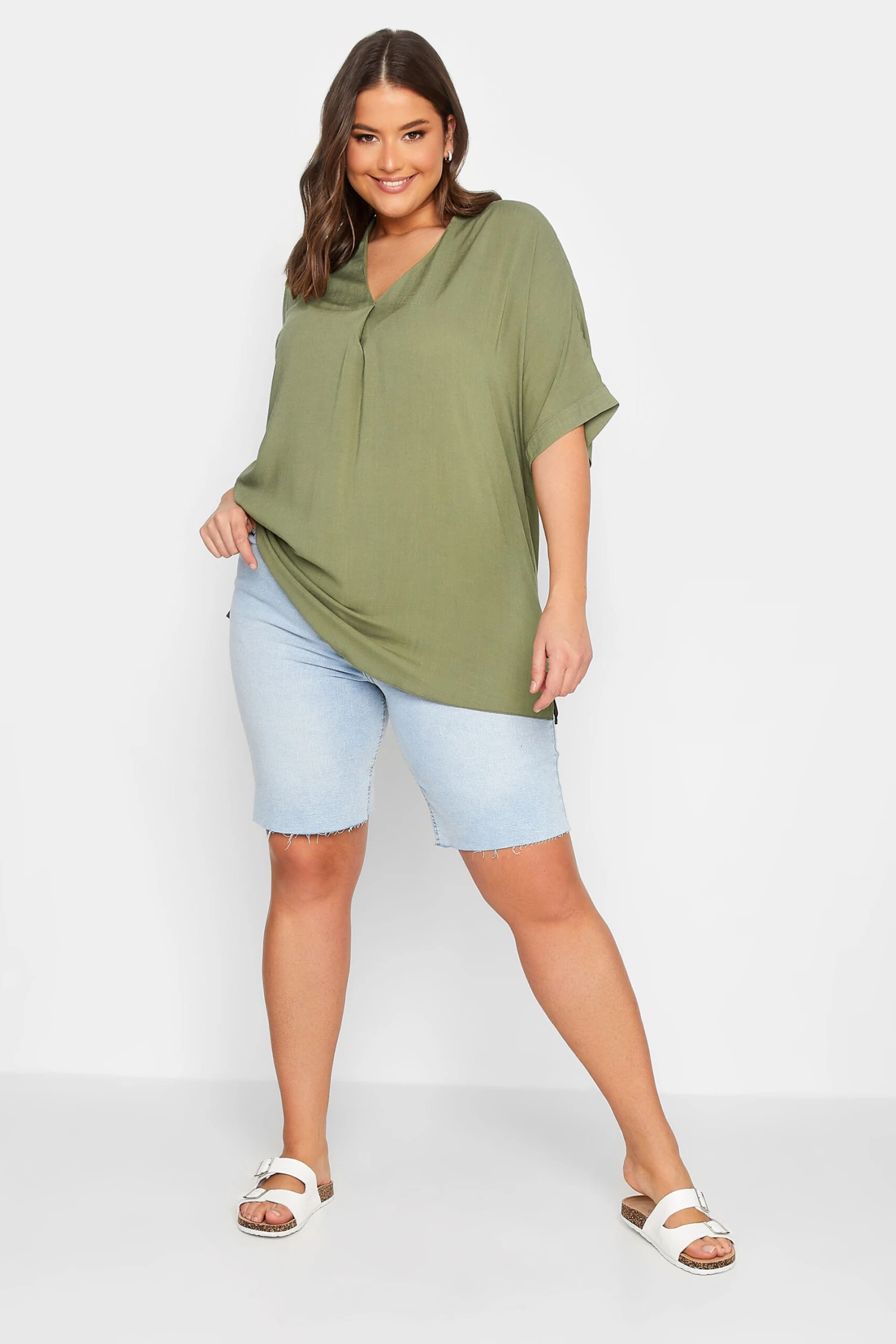 YOURS Curve Khaki Green Marl V-Neck Top 1 YOURS Curve Khaki Green Marl V-Neck Top