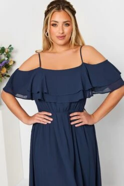 YOURS LONDON Curve Navy Blue Bardot Ruffle Maxi Dress -Luna Looks Zone 9c1d0bd7 45fe 45 161879 D
