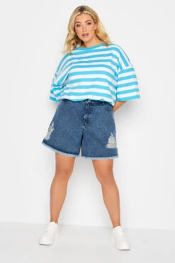 Curve Mid Blue Ripped Floaty Denim Shorts