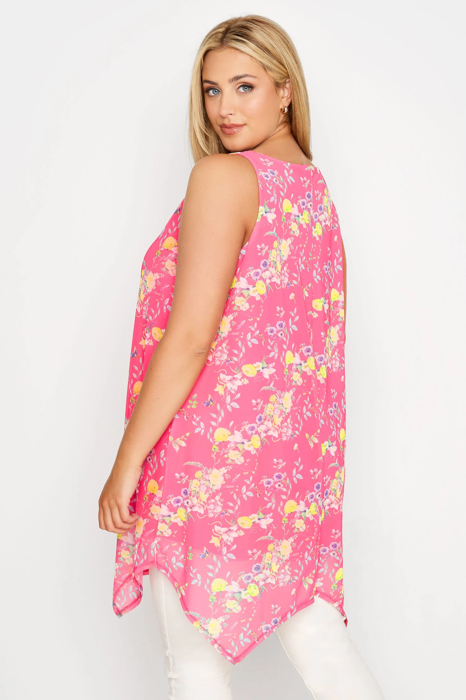 YOURS Curve Pink Floral Hanky Hem Double Layer Vest Top 2 YOURS Curve Pink Floral Hanky Hem Double Layer Vest Top - Image 2