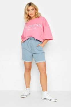 YOURS Curve Bleach Blue Paperbag Drawstring Denim Mom Shorts