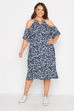 YOURS Curve Blue Floral Cold Shoulder Dress