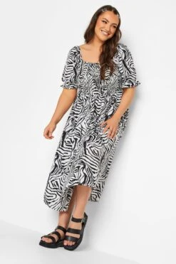 YOURS Curve Black & White Zebra Print Shirred Midaxi Dress