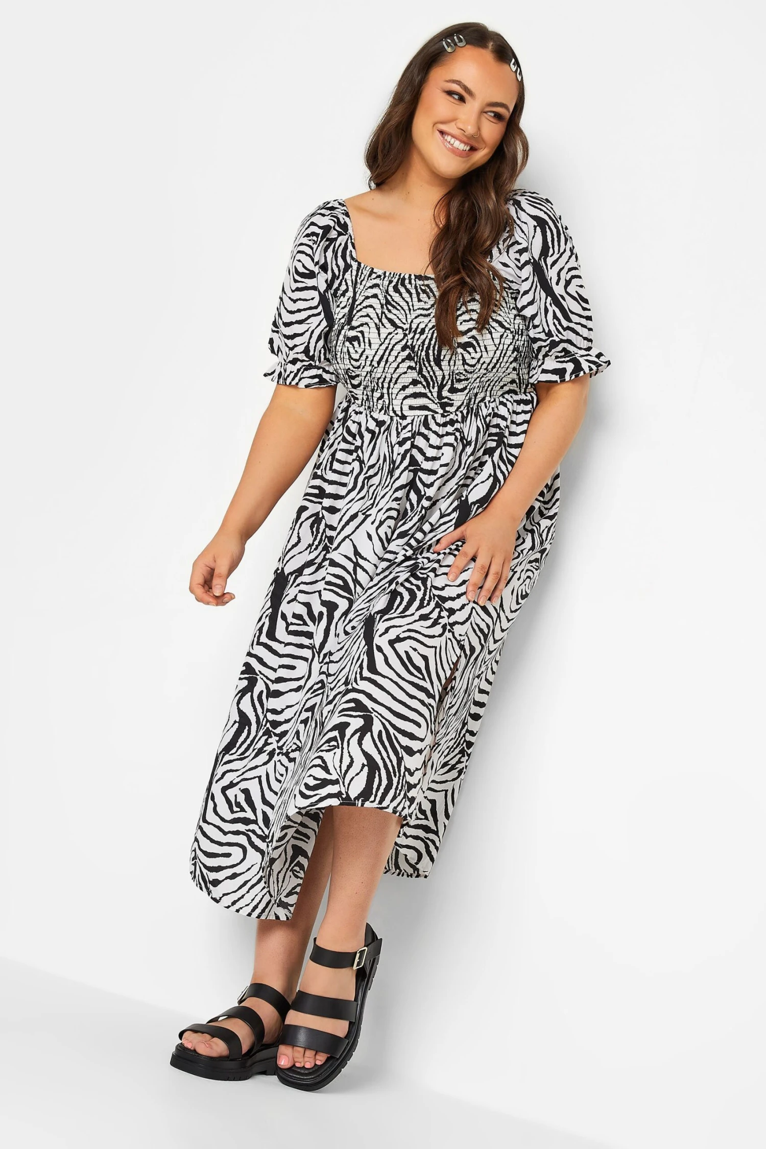 YOURS Curve Black & White Zebra Print Shirred Midaxi Dress 1 YOURS Curve Black & White Zebra Print Shirred Midaxi Dress