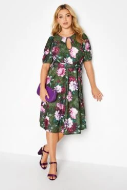 YOURS LONDON Curve Green Floral Animal Print Keyhole Skater Dress