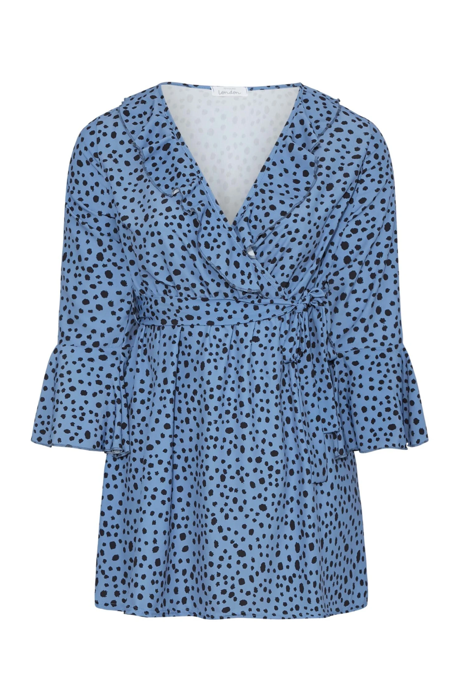 YOURS LONDON Curve Blue Dalmatian Ruffle Wrap Top 5 YOURS LONDON Curve Blue Dalmatian Ruffle Wrap Top - Image 5