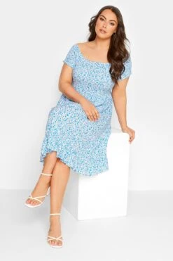 YOURS Curve Blue Ditsy Floral Bardot Midi Dress