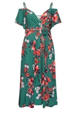 YOURS LONDON Curve Green Floral Cold Shoulder Wrap Dress -Luna Looks Zone a7489634 811f 4c 162179 X