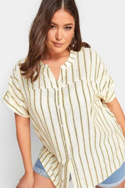 YOURS Curve Ivory White Stripe Print Button Through Shirt -Luna Looks Zone a802cd1e 9a5f 4c 330033 D