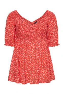 LIMITED COLLECTION Curve Red Daisy Shirred Bardot Peplum Blouse -Luna Looks Zone a9527706 743c 4c 214425 X