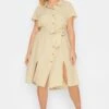 YOURS PETITE Curve Stone Brown Linen Blend Button Through Dress