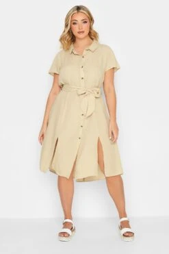 YOURS PETITE Curve Stone Brown Linen Blend Button Through Dress