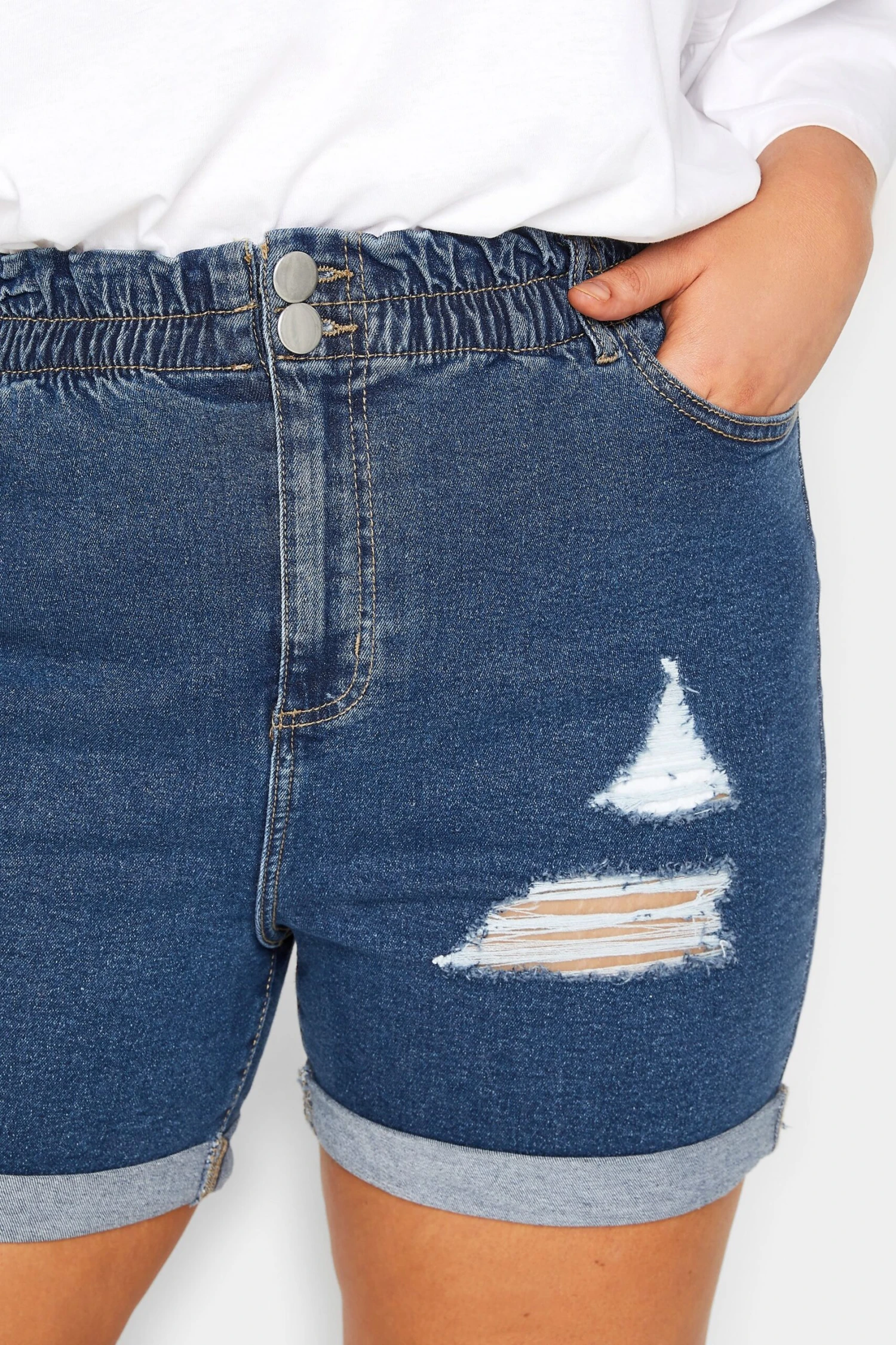 YOURS Curve Light Dark Blue Ripped Elasticated Waist Denim Shorts 2 YOURS Curve Light Dark Blue Ripped Elasticated Waist Denim Shorts - Image 2