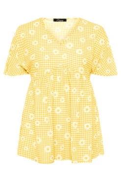LIMITED COLLECTION Curve Lemon Yellow Gingham Floral Top -Luna Looks Zone ad7b8296 7640 4f 213641 F